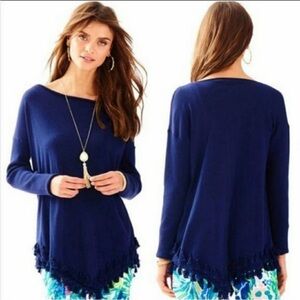 Lilly Pulitzer Navy Ferrera Asymmetrical Sweater with Tassels  Size M